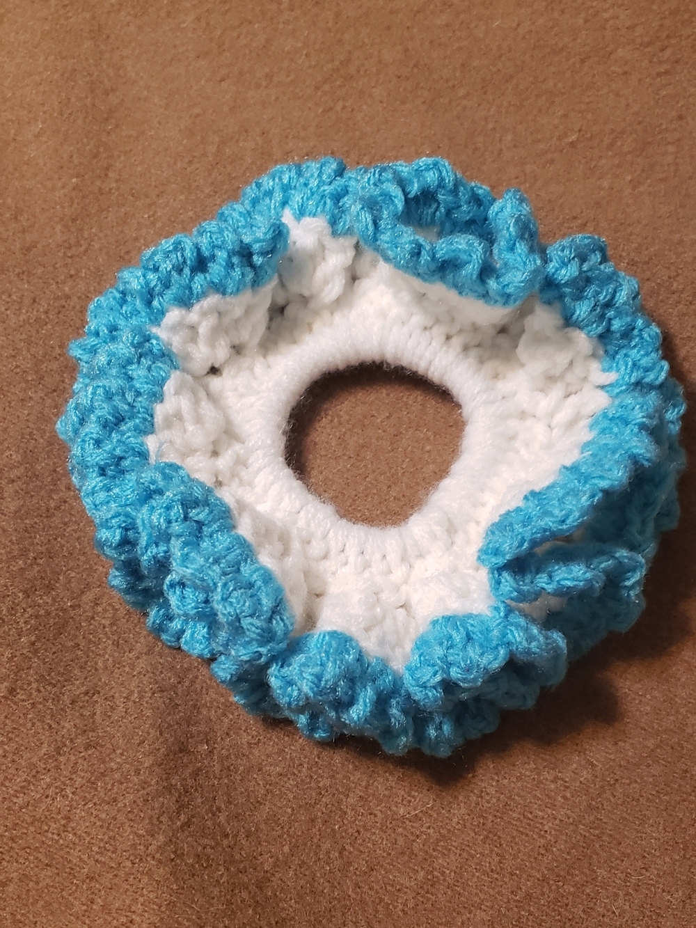 Hand Crafted White & Light Blue Crochet Ruffled Scrunchie